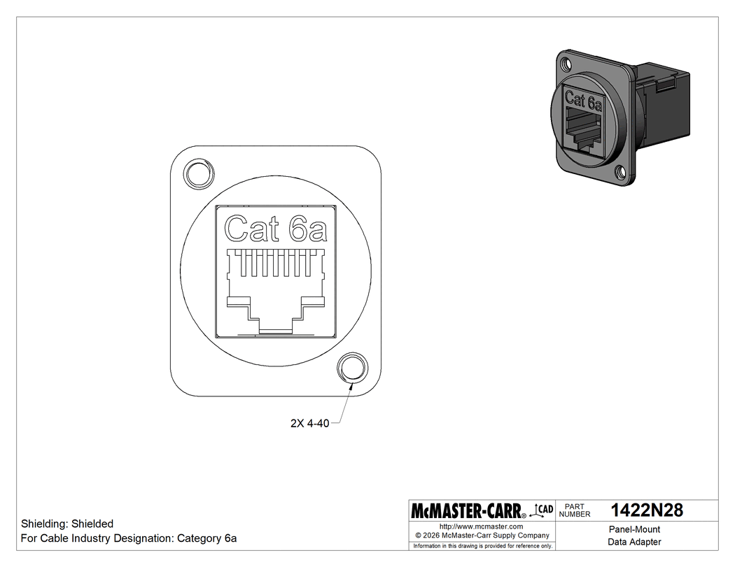 Technical Drawing of Panel-Mount RJ45 Adapter, Shielded Screw-on, Zinc, Category 6A, 4-40 UNC Holes.